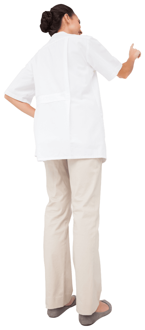 Smiling Biracial Female Doctor Pointing Gesture on Transparent Background