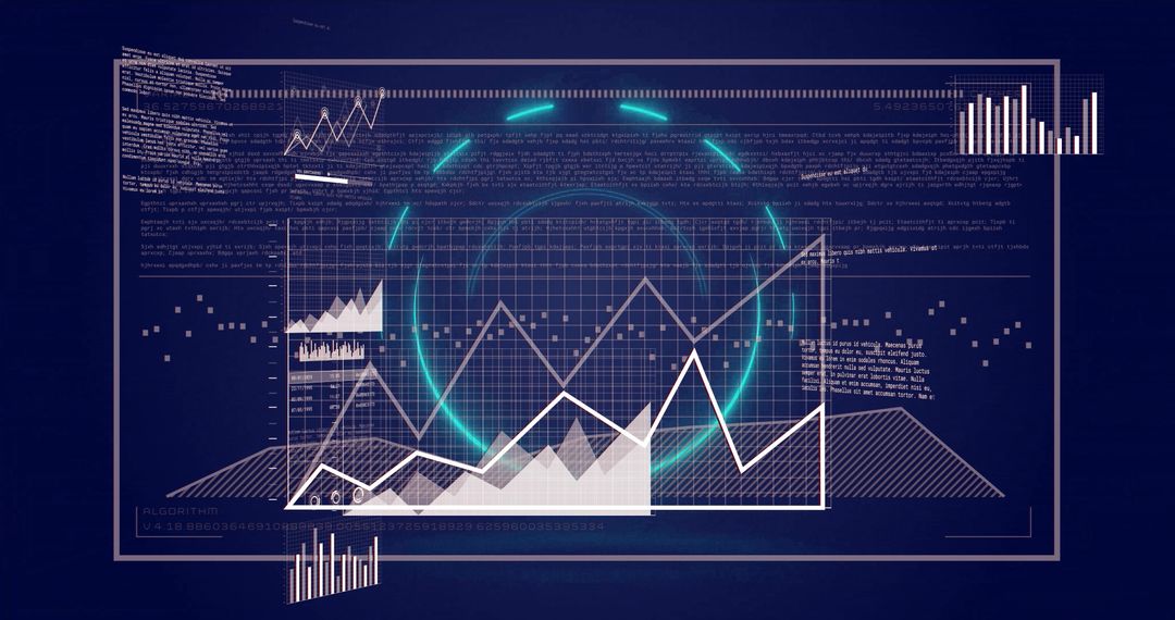 Futuristic data dashboard visualizing analytics with neon grid, line, area and bar charts