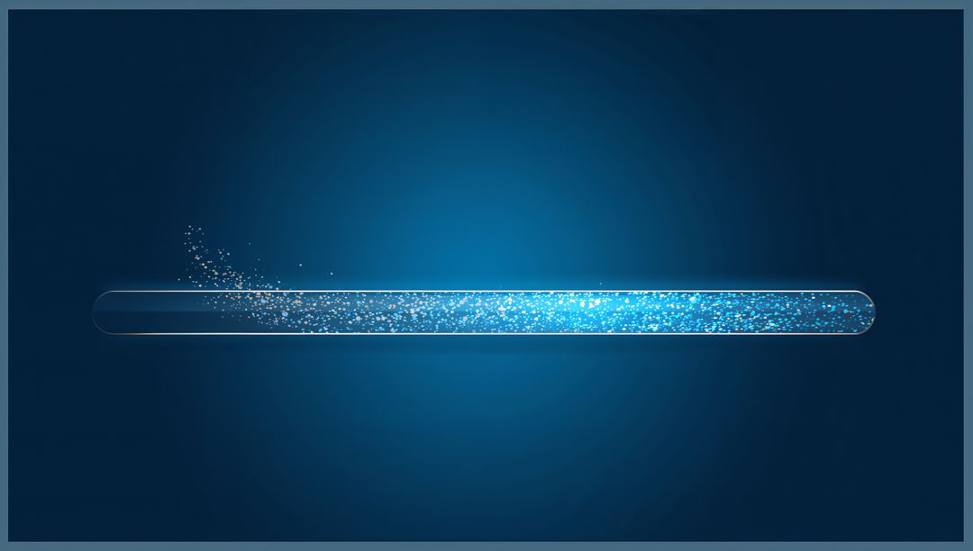 Glowing rounded glass progress bar showing lit blue fill and sparkling particle trail for UI