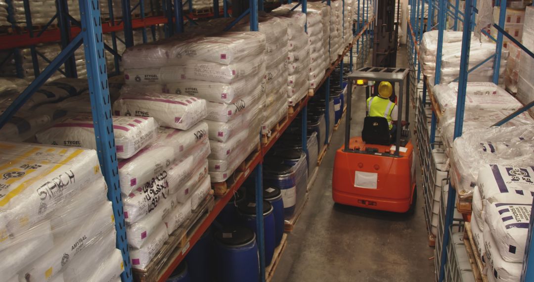 Warehouse Worker Operating Forklift Among Stacked Goods in Storage Facility - Free Images, Stock Photos and Pictures on Pikwizard.com