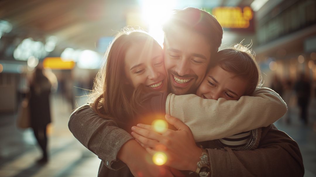 Backlit family hug at airport terminal sharing joyful reunion with lens flare and warm smiles