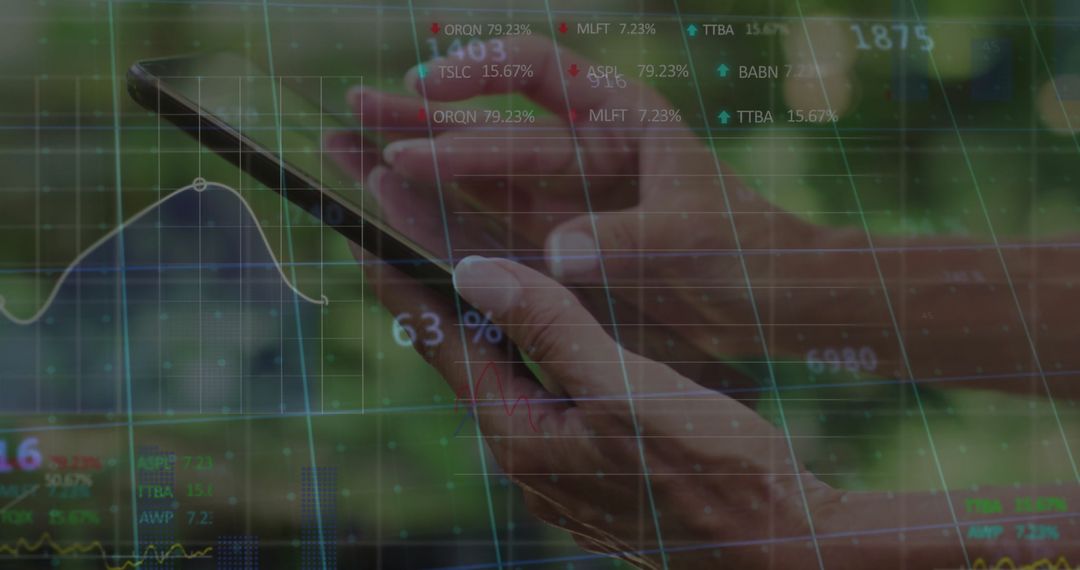Hands Engaging with Mobile Device Managing Stock Market Data