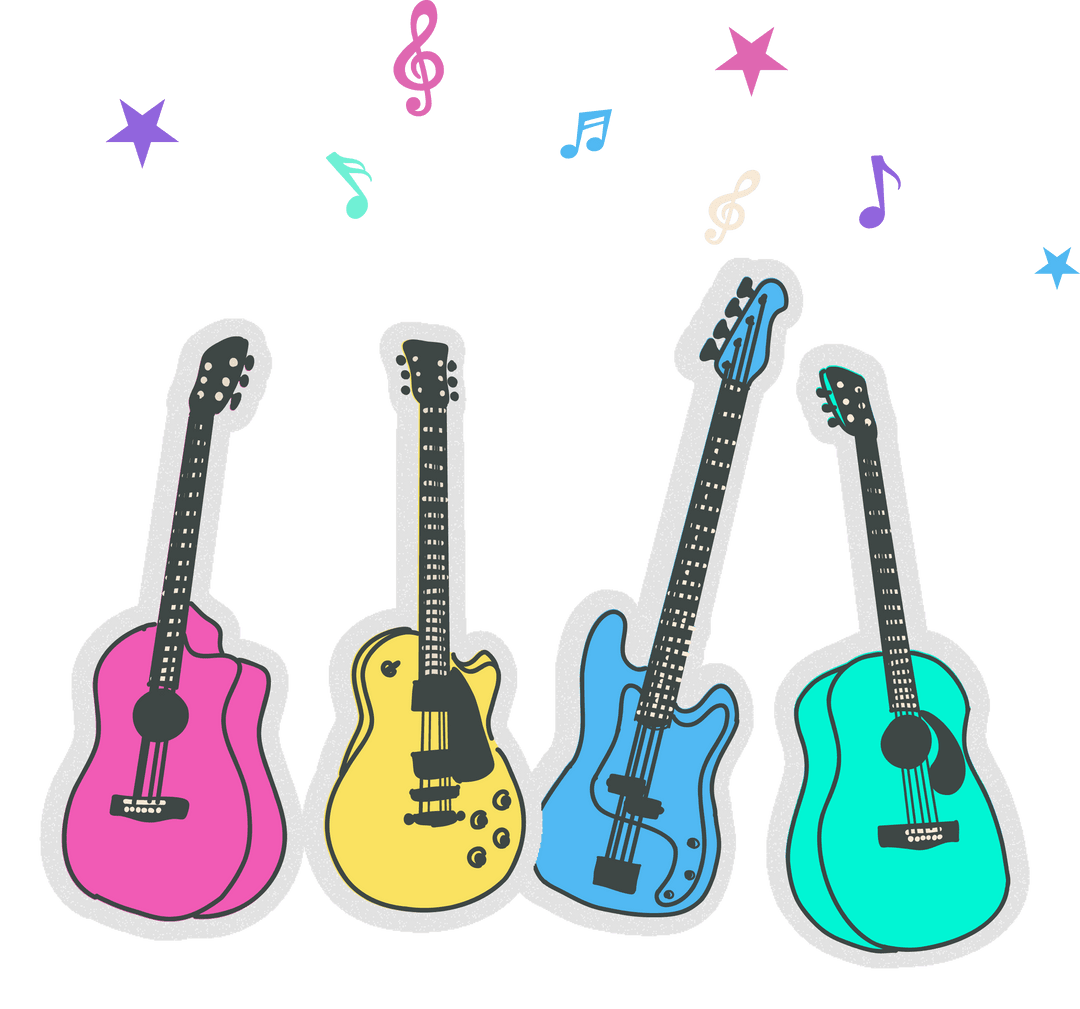 Colorful Guitars With Musical Notes on Transparent Background