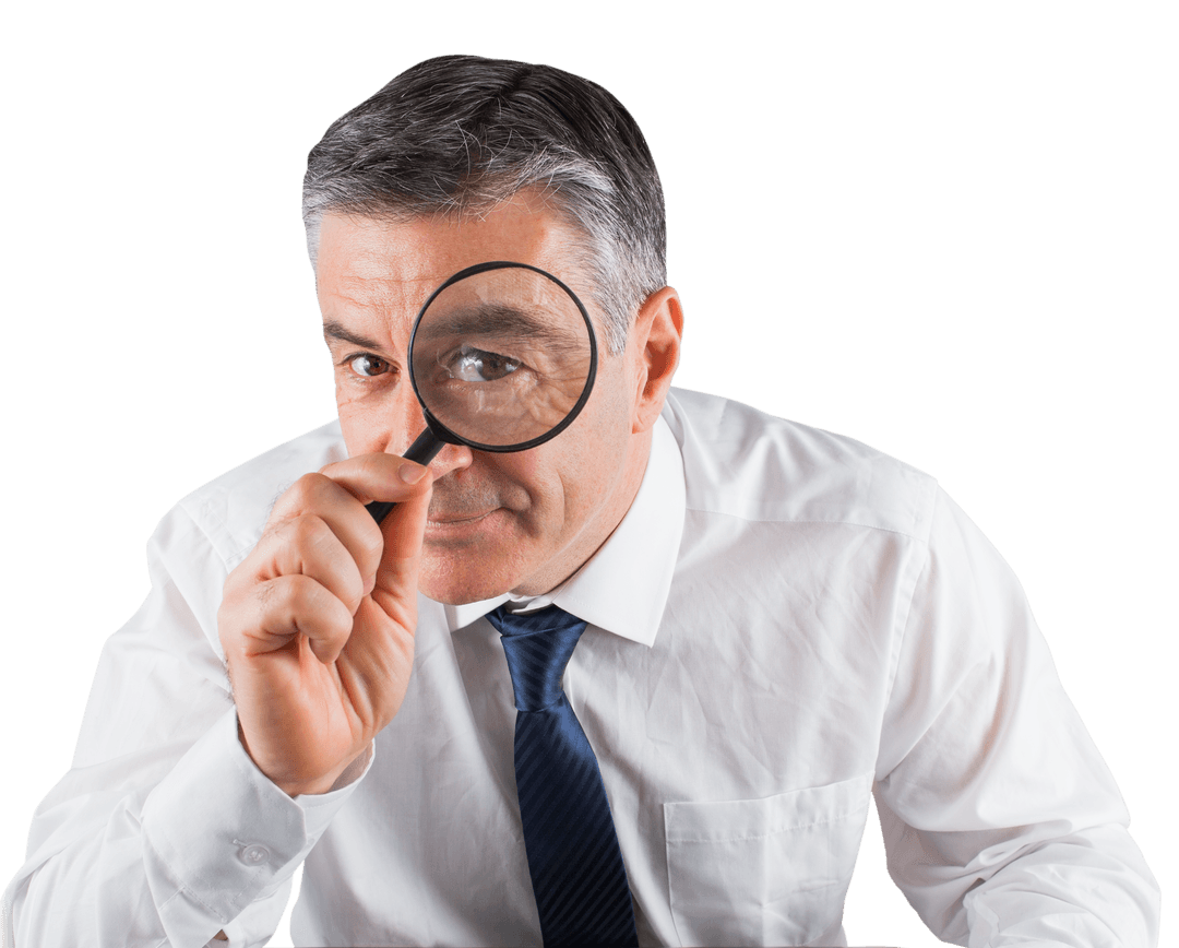 Senior Businessman Inspecting with Magnifying Glass on Transparent Background