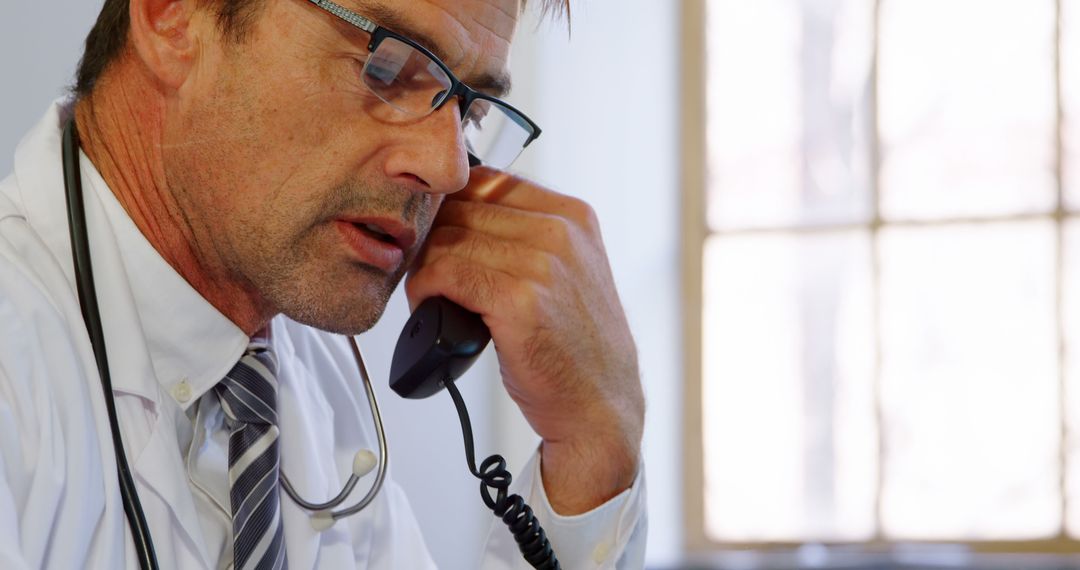 Focused Male Doctor Answering Phone Call in Medical Office - Free Images, Stock Photos and Pictures on Pikwizard.com