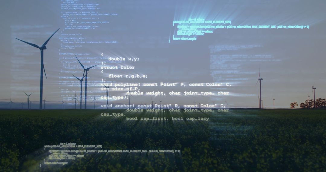 Renewable Energy with Futuristic Tech Overlay in Serene Landscape