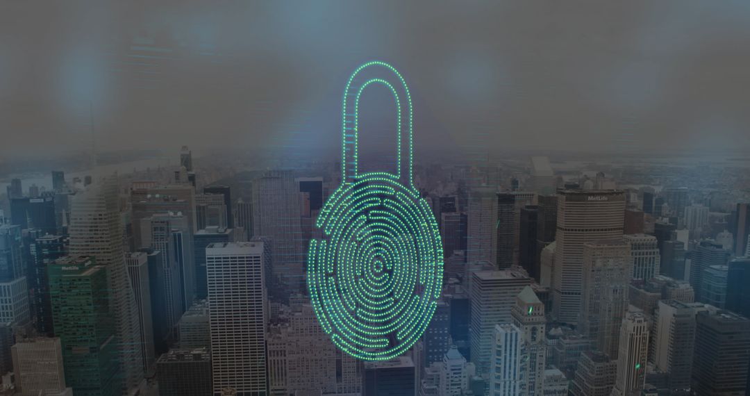 Digital Padlock Hologram Over High-Tech Urban Cityscape