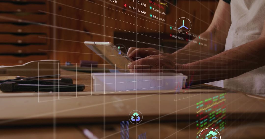 Technician Using Tablet with Augmented Reality on Workbench