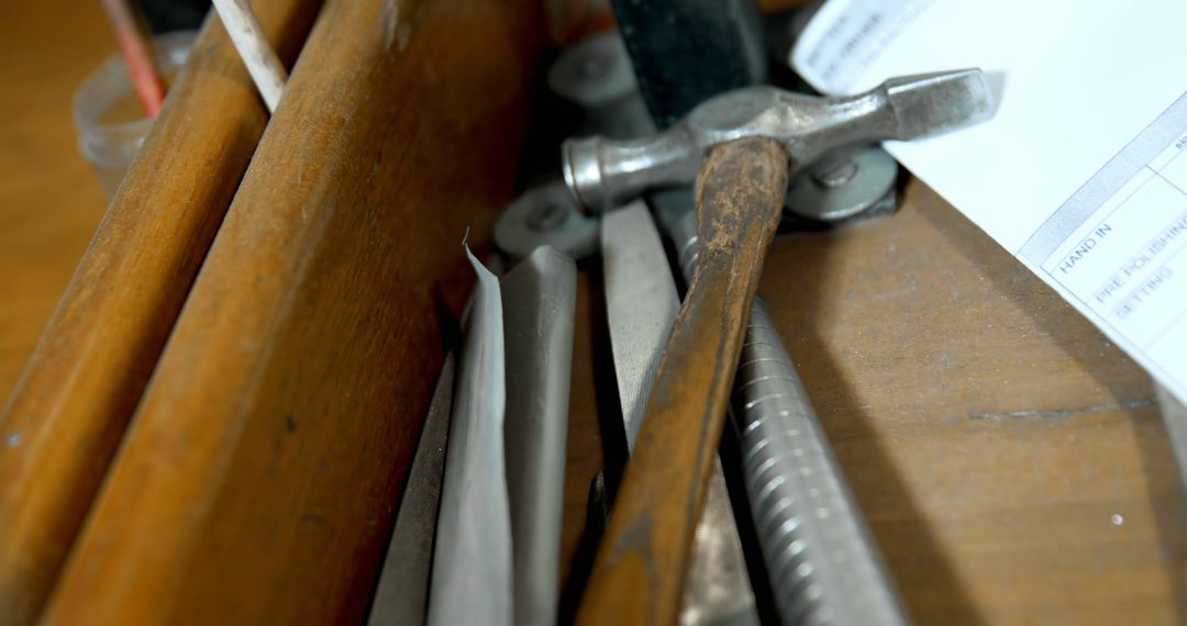 Close-Up View of Carpenter Tools on Wooden Desk - Free Images, Stock Photos and Pictures on Pikwizard.com