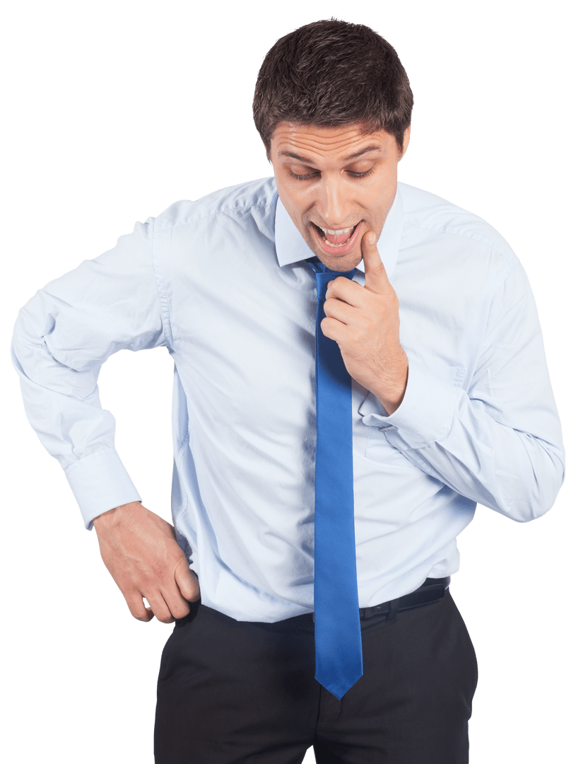 Transparent Businessman Deep in Thought Touching Chin Gesture