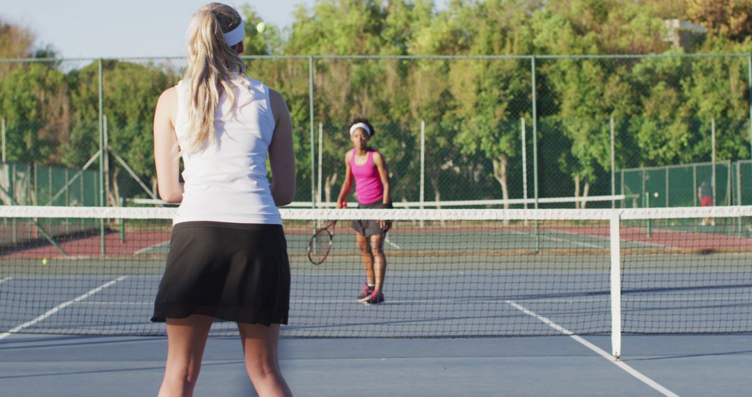 Image of back of caucasian female tennis player training with friend - Free Images, Stock Photos and Pictures on Pikwizard.com