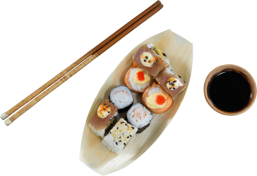 Sushi Assortment on Wooden Boat Plate with Chopsticks on Transparent Background