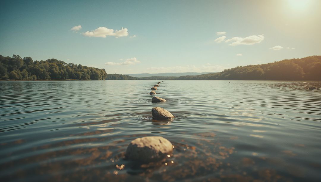 Tranquil Lake with Seamless Stepping Stone Path at Sunset