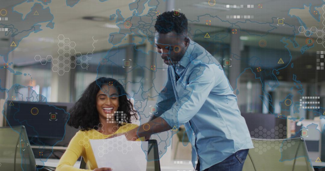 Collaborative Teamwork in Modern Office with Global Data Overlays