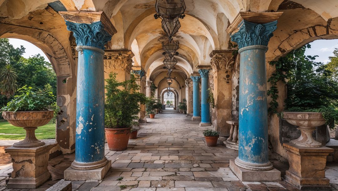 Ornate Arcade Walkway with Blue Columns and Arches