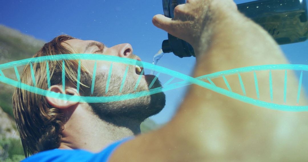 Man Drinking Water Overlaid with DNA Strand Illustration