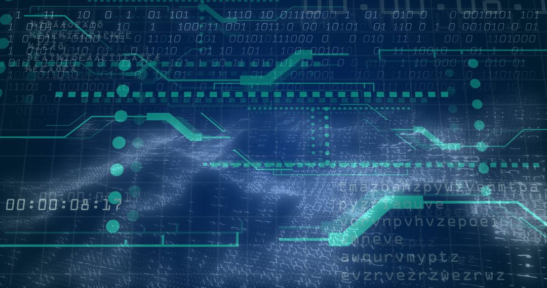 Futuristic Digital Panel with Binary and Hex Code on Teal Circuit Grid