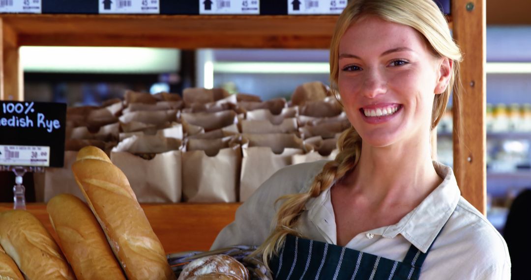 Smiling Female Baker Holding Freshly Baked Bread in Artisan Bakery - Free Images, Stock Photos and Pictures on Pikwizard.com