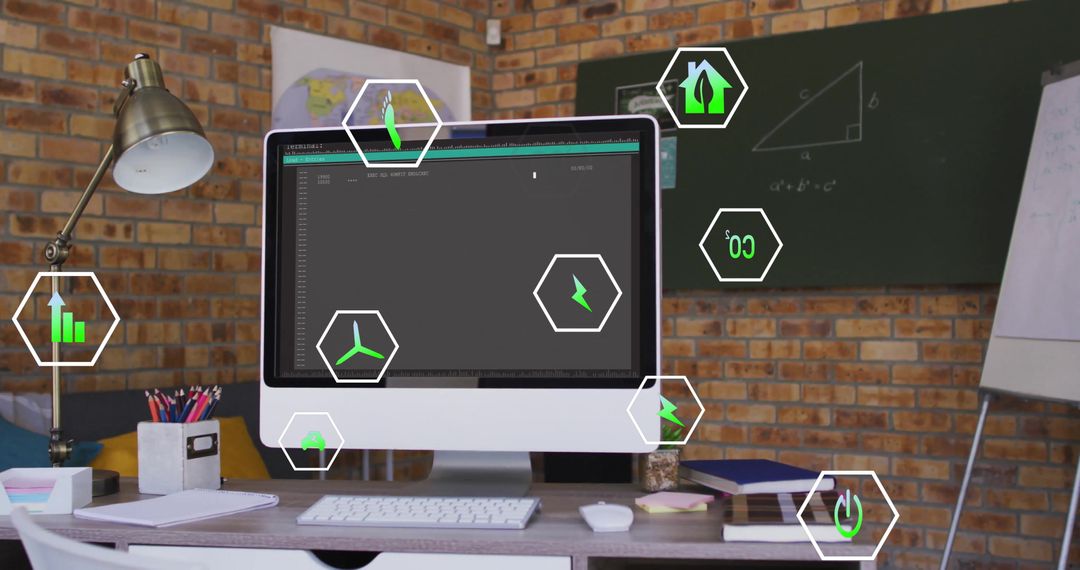 Digital Interface Icons on Office Computer Monitor