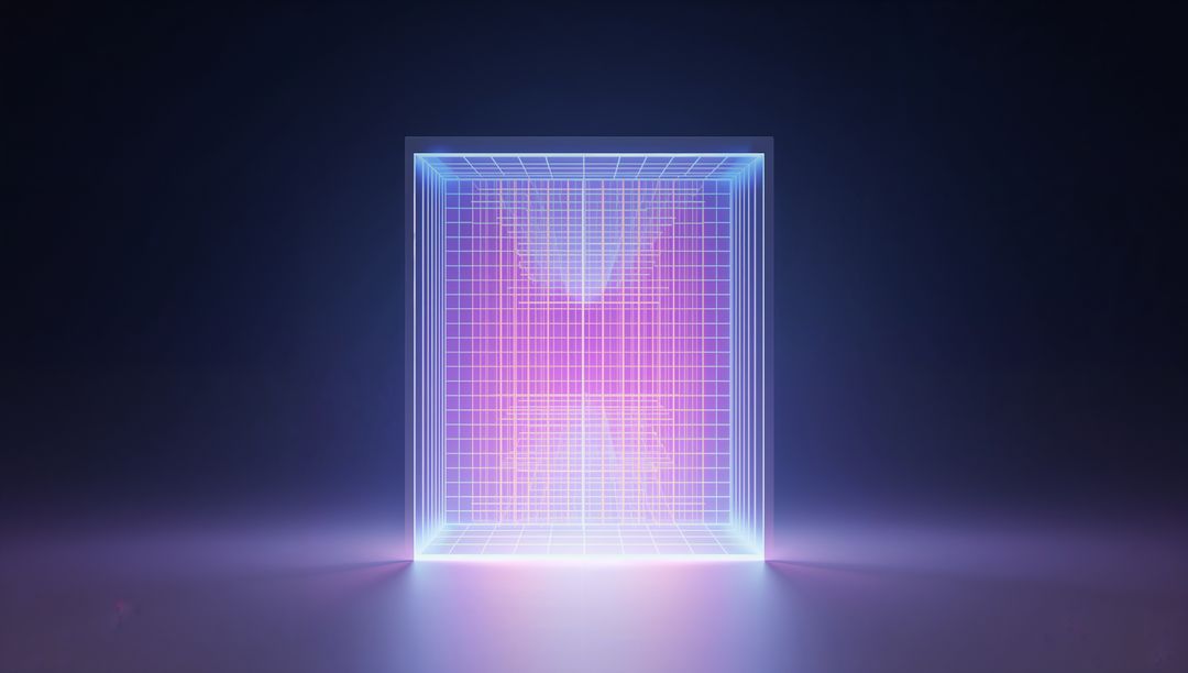 Neon Wireframe Portal Cube Emitting Cyan Magenta Glow Futuristic Grid Hologram Tech Branding