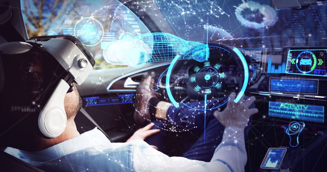 Businessman Experiencing Futuristic Autonomous Driving VR Interface