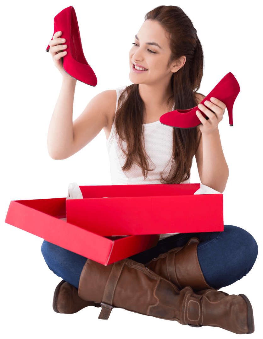 Content Young Woman Unboxing Red Shoes on Transparent Background
