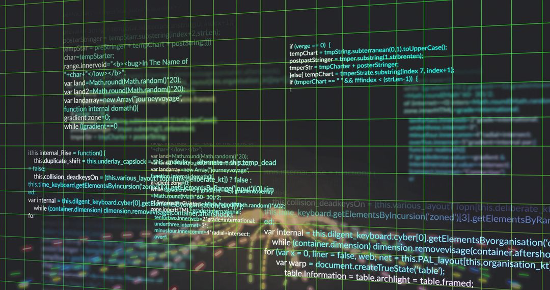 Neon code cluster floating over translucent green grid interface glowing data visualization