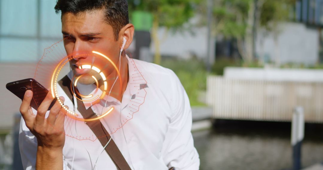 Biracial Man Using Smartphone With Futuristic Interface Display