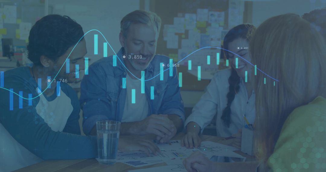 Business Team Analyzing Data with Financial Graph Technology Overlay