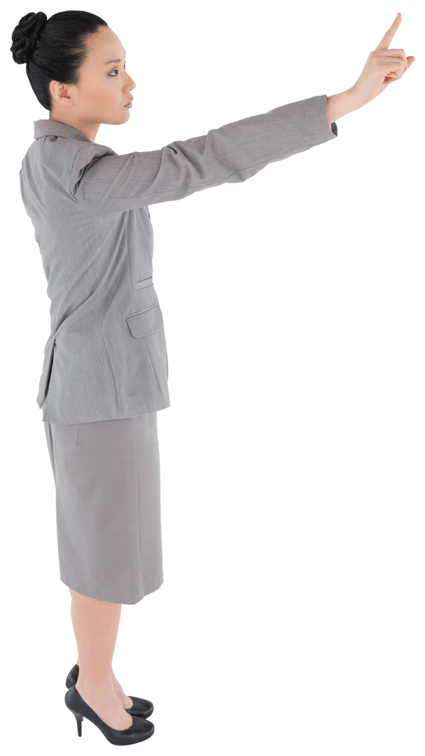 Focused Asian Businesswoman Engaging Virtual Interface on Transparent Background