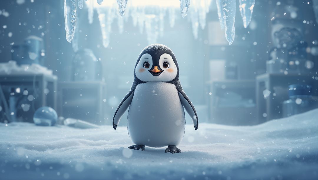 Adorable baby penguin waddling in frosty workshop under sparkling icicles and falling snow