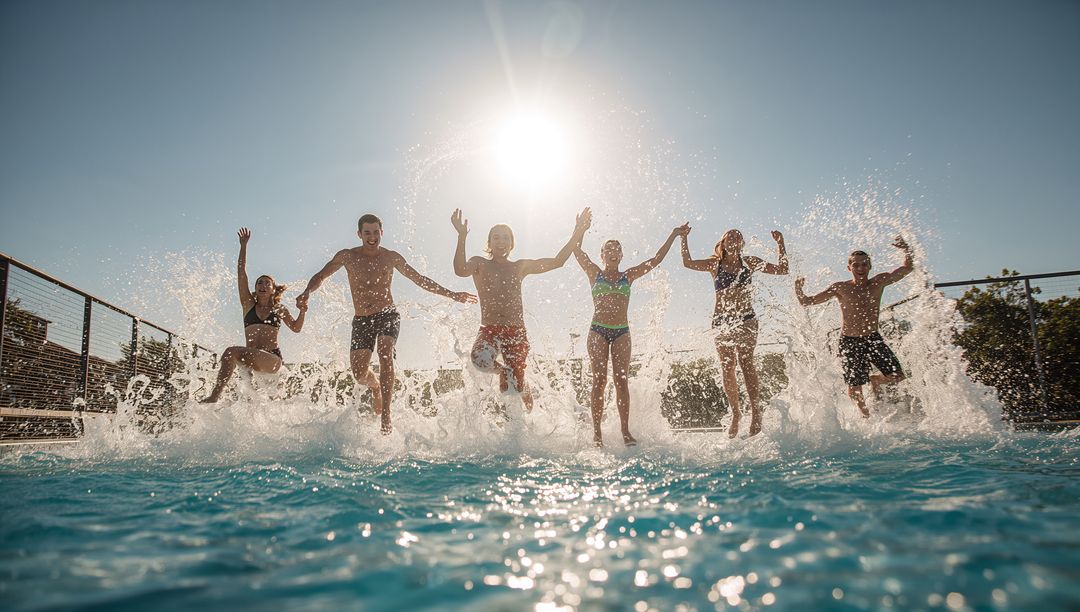 Group of Friends Splashing Water in Outdoor Pool Under Sunlight