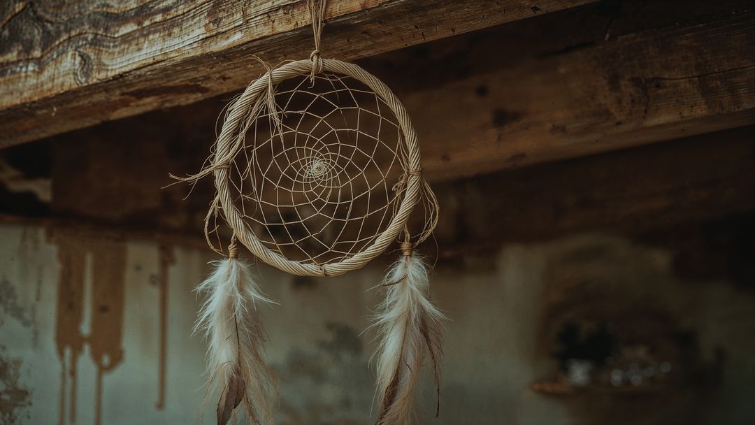 Rustic Bohemian Dreamcatcher Hanging from Wood Beam