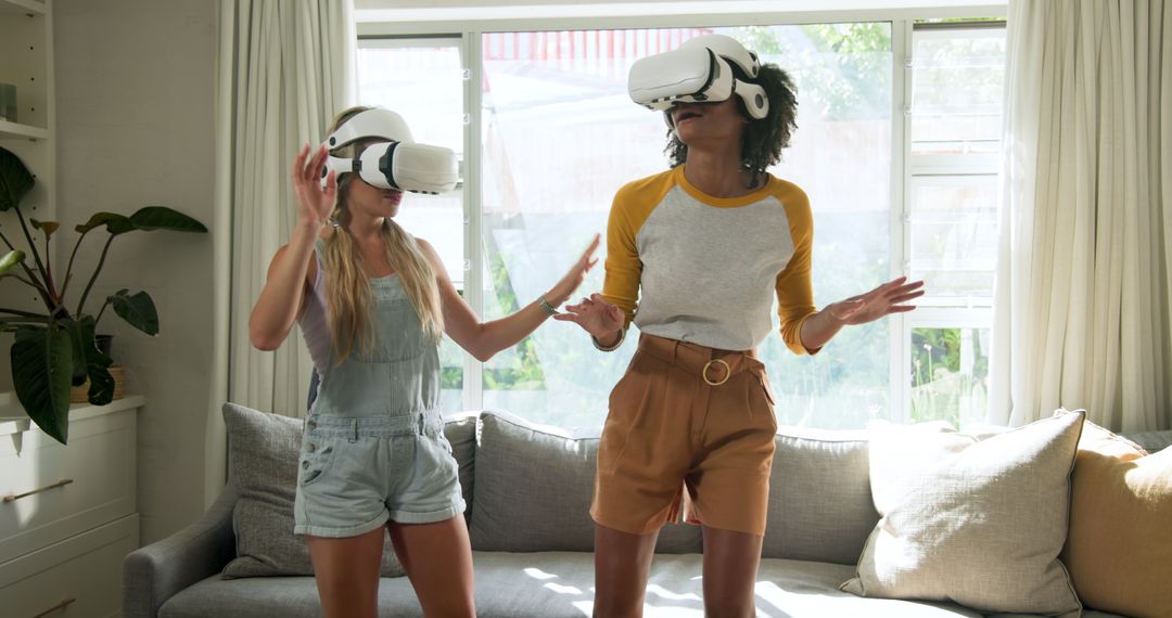 Friends Exploring Virtual Reality Wearing VR Headsets at Home