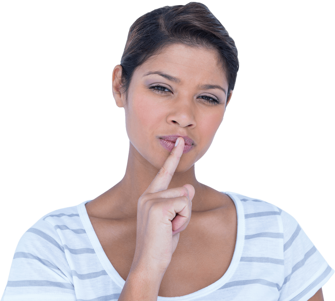 Thoughtful Woman Making Silence Gesture on Transparent Background