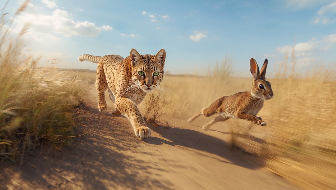 Serval Chasing Hare Across Dry Grassland Trail, High-Speed Predator Pursuit