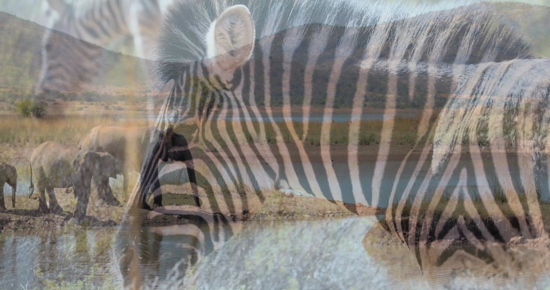 Artistic Wildlife Blend with Zebras and Elephants in Savanna