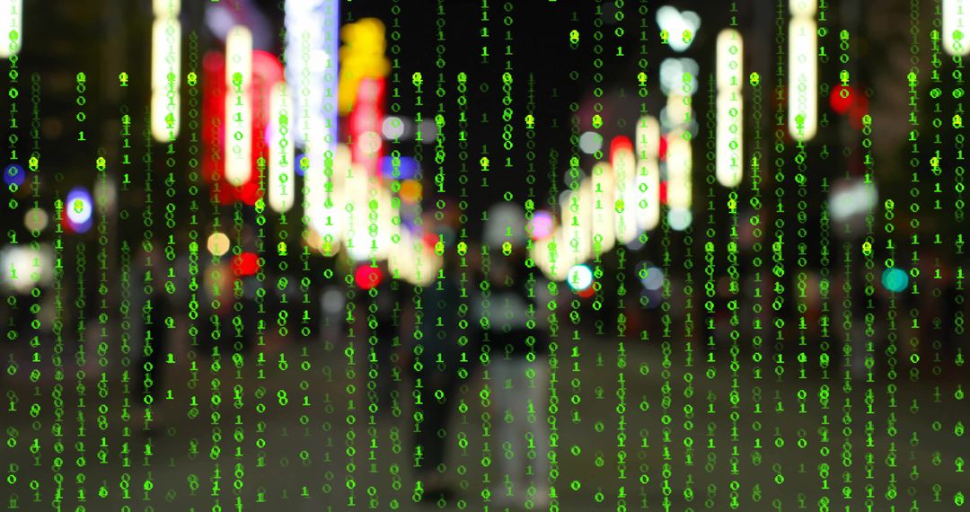 Digital Binary Overlay on Neon Lit City Street at Night