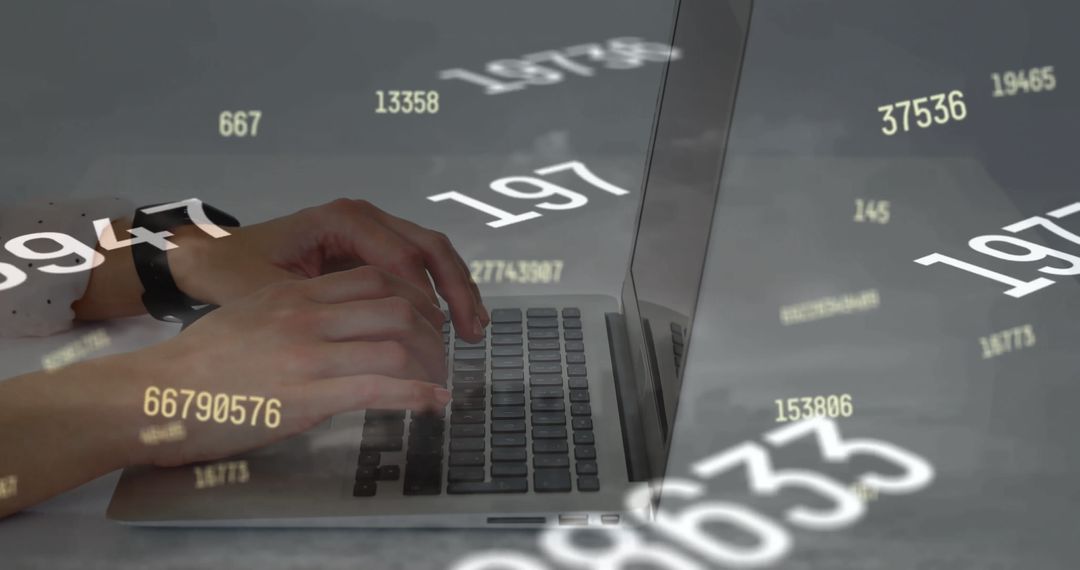 Hands Typing on Laptop with Floating Digital Numbers