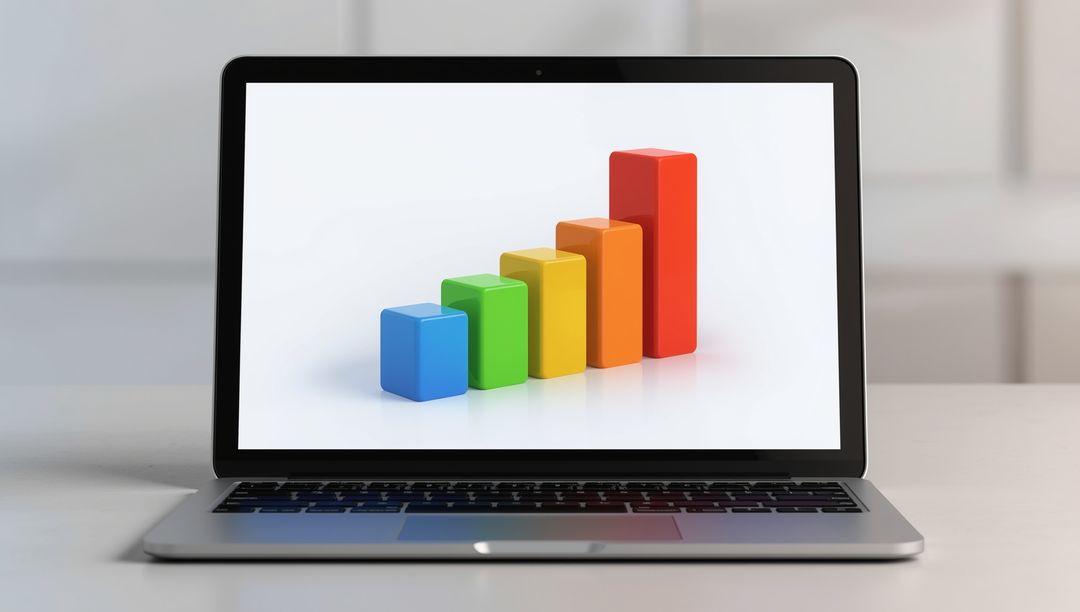 Modern Laptop Displaying Colorful 3D Bar Chart for Data Analysis