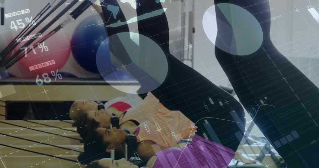 Women Practicing Pilates with Data Overlay Symbolizing Fitness Analytics