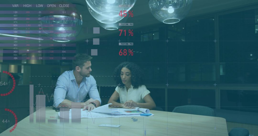 Analyzing Financial Data with Futuristic Overlay in Modern Office