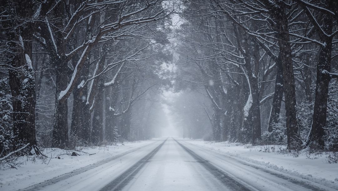 Snow-lined country road vanishing into misty forest tunnel with parallel tire tracks and bare winter