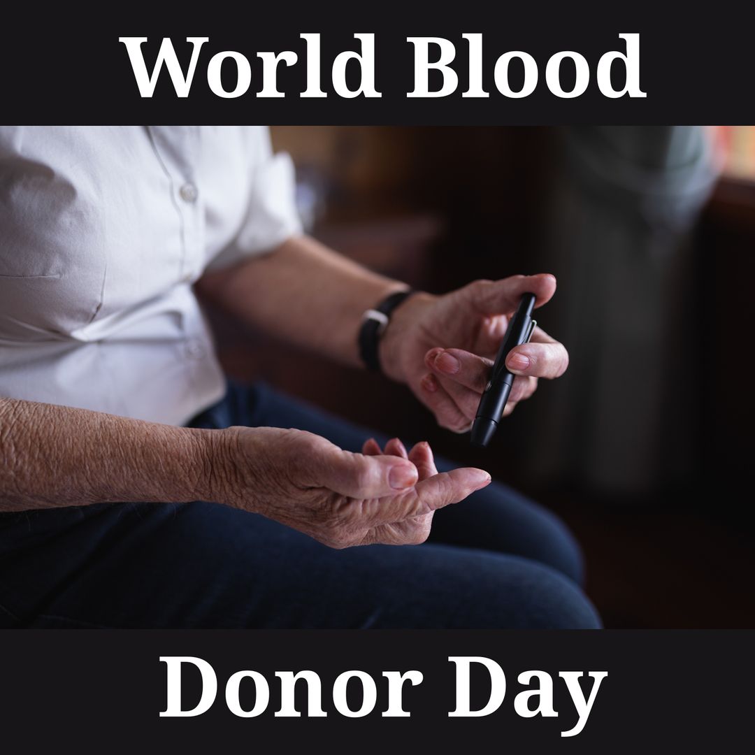 Senior Woman Testing Blood Sugar Volunteering for World Blood Donor Day