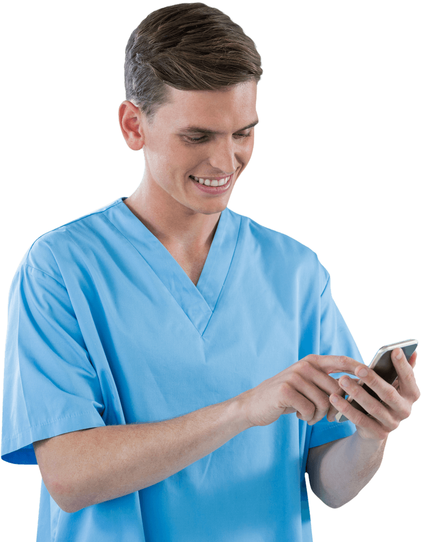 Smiling Male Nurse Using Transparent Mobile Phone