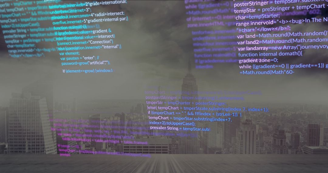 Futuristic Code Snippets Over Rooftop with Urban Skyline