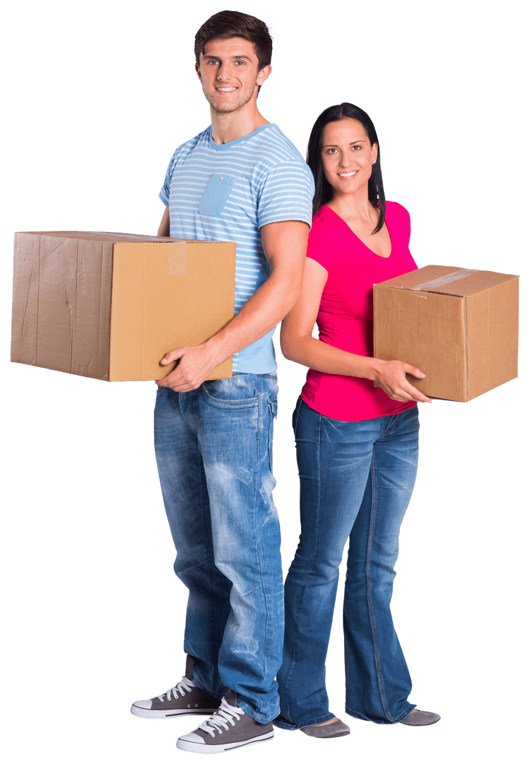 Transparent Young Couple Holding Moving Boxes Together