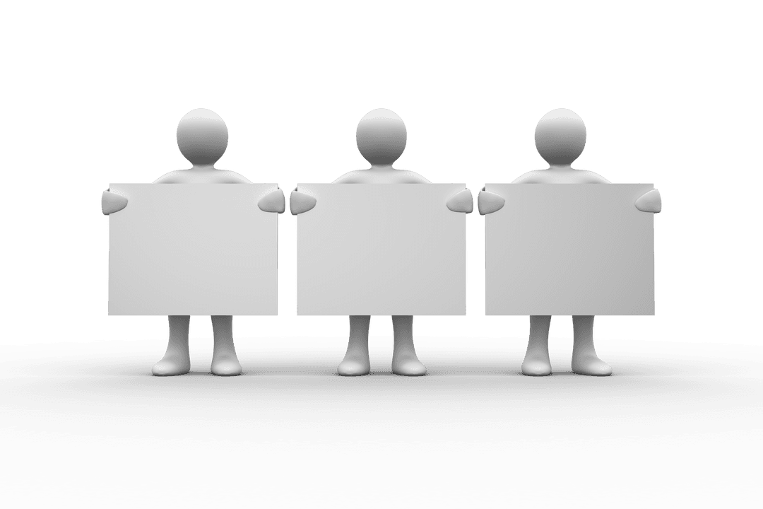Three Transparent Figures Holding Blank White Signs Together