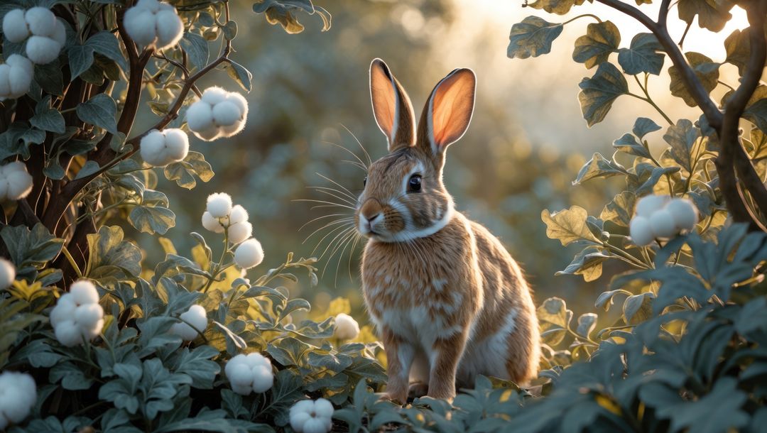 Brown and white cottontail rabbit in tranquil forest understory