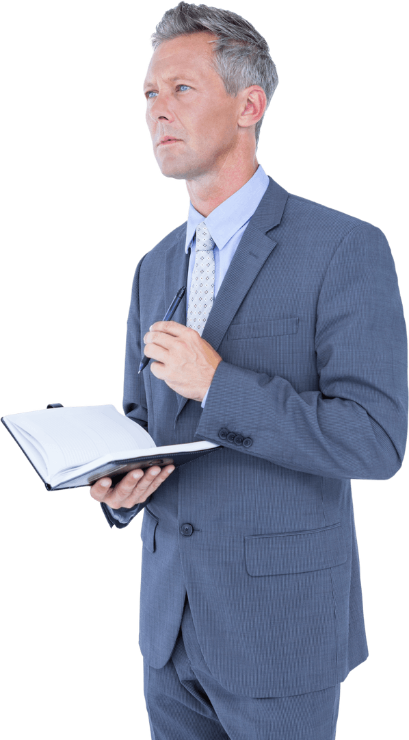 Transparent Businessman Thinking with Diary and Pen